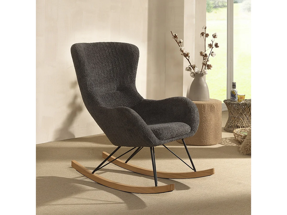 MOUTY - Chaise à Bascule enfant en Tissu Bouclette Gris Pieds Bois et Métal