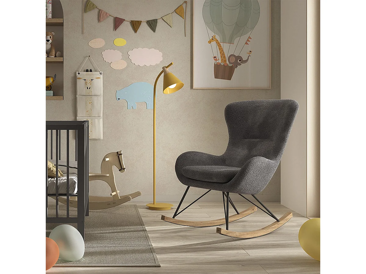 MOUTY - Chaise à Bascule enfant en Tissu Bouclette Gris Pieds Bois et Métal