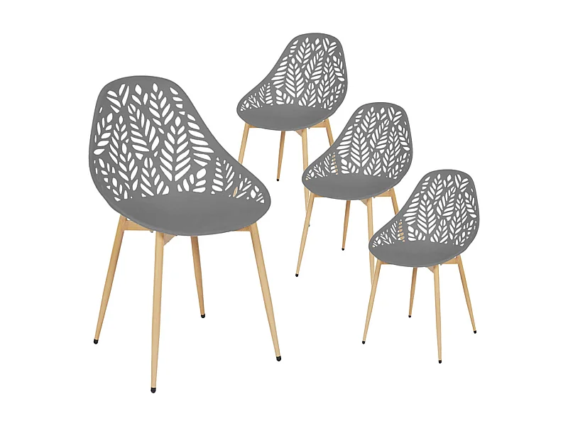 SAYA - Lot de 4 Chaises de Jardin Coque Plastique Ajourée Gris Pieds Métal