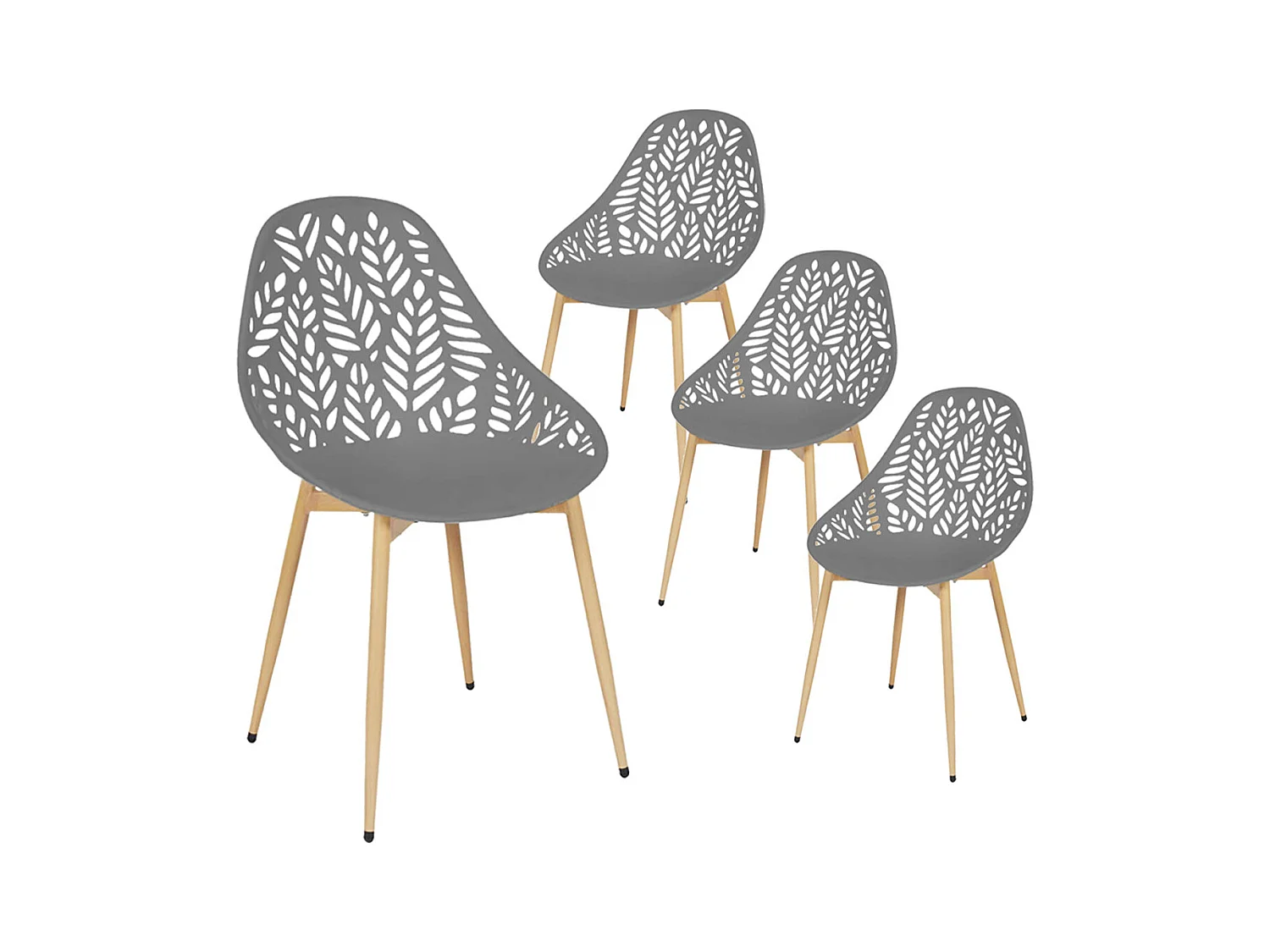 SAYA - Lot de 4 Chaises de Jardin Coque Plastique Ajourée Gris Pieds Métal
