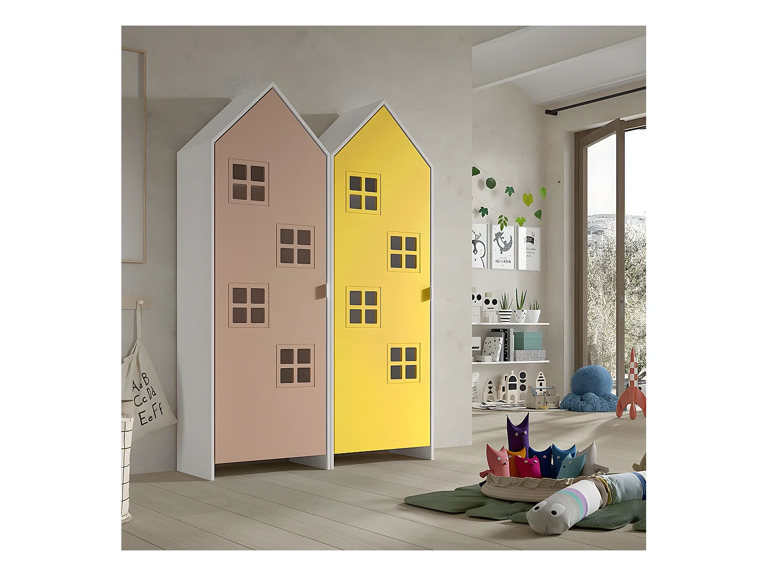 BEAUVILLE - Pack  2 Armoires Cabane 1 Porte Rose et Jaune