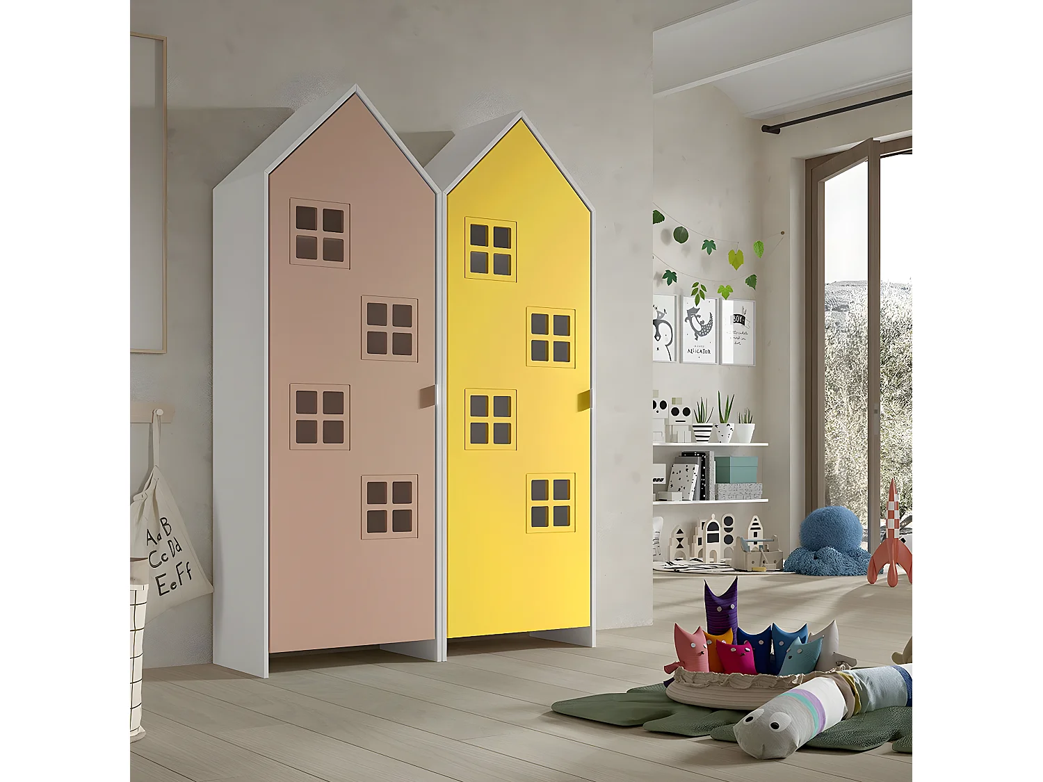 BEAUVILLE - Pack  2 Armoires Cabane 1 Porte Rose et Jaune