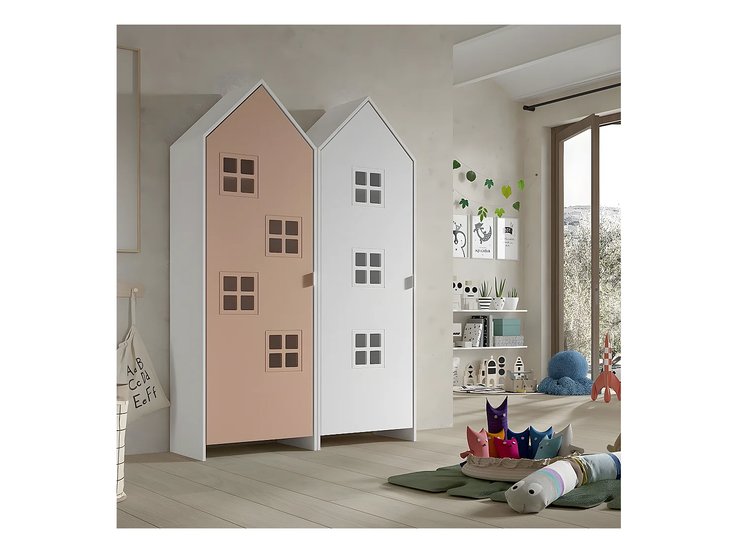 BEAUVILLE - Pack 2 Armoires Cabane 1 Porte Rose et Blanche