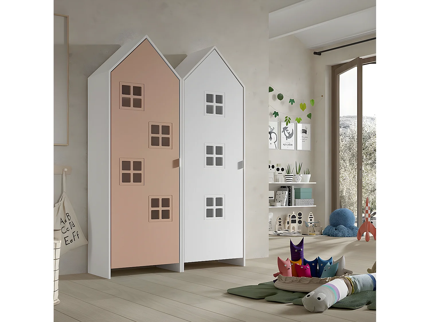 BEAUVILLE - Pack 2 Armoires Cabane 1 Porte Rose et Blanche