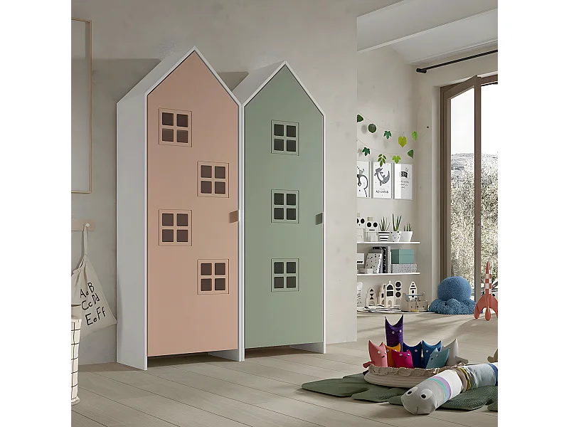 BEAUVILLE - Pack 2 Armoires Cabane 1 Porte Rose et Verte