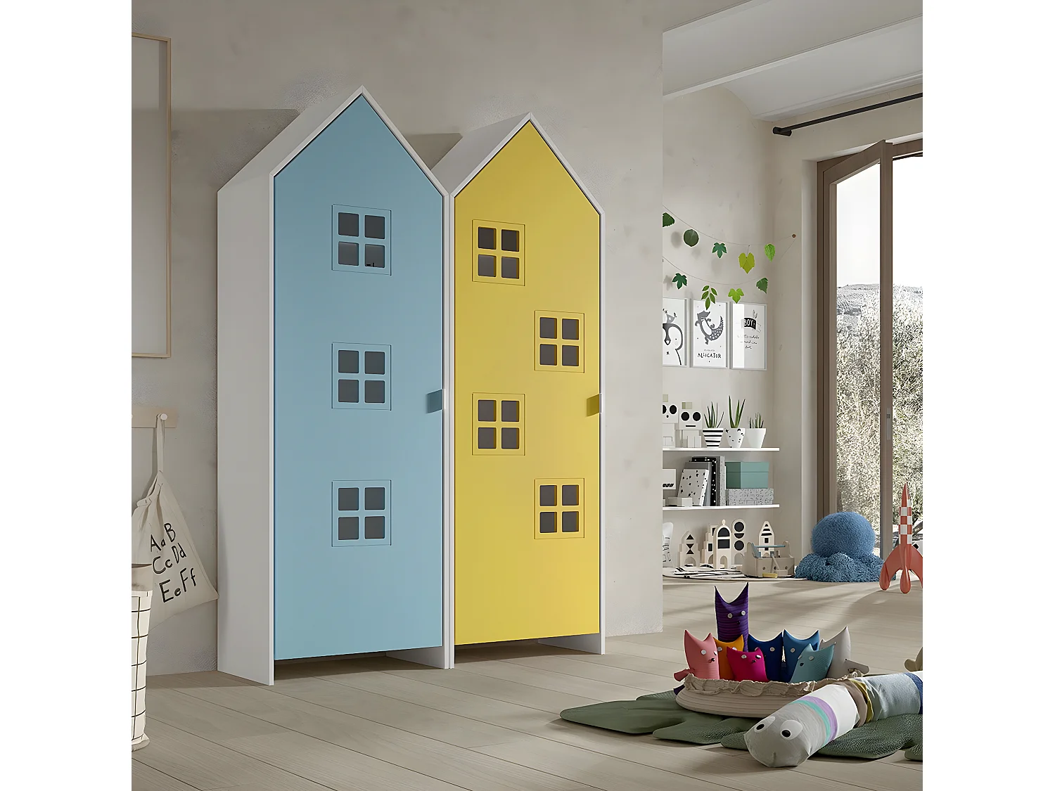 BEAUVILLE - Pack 2 Armoires Cabane 1 Porte Bleue et Jaune