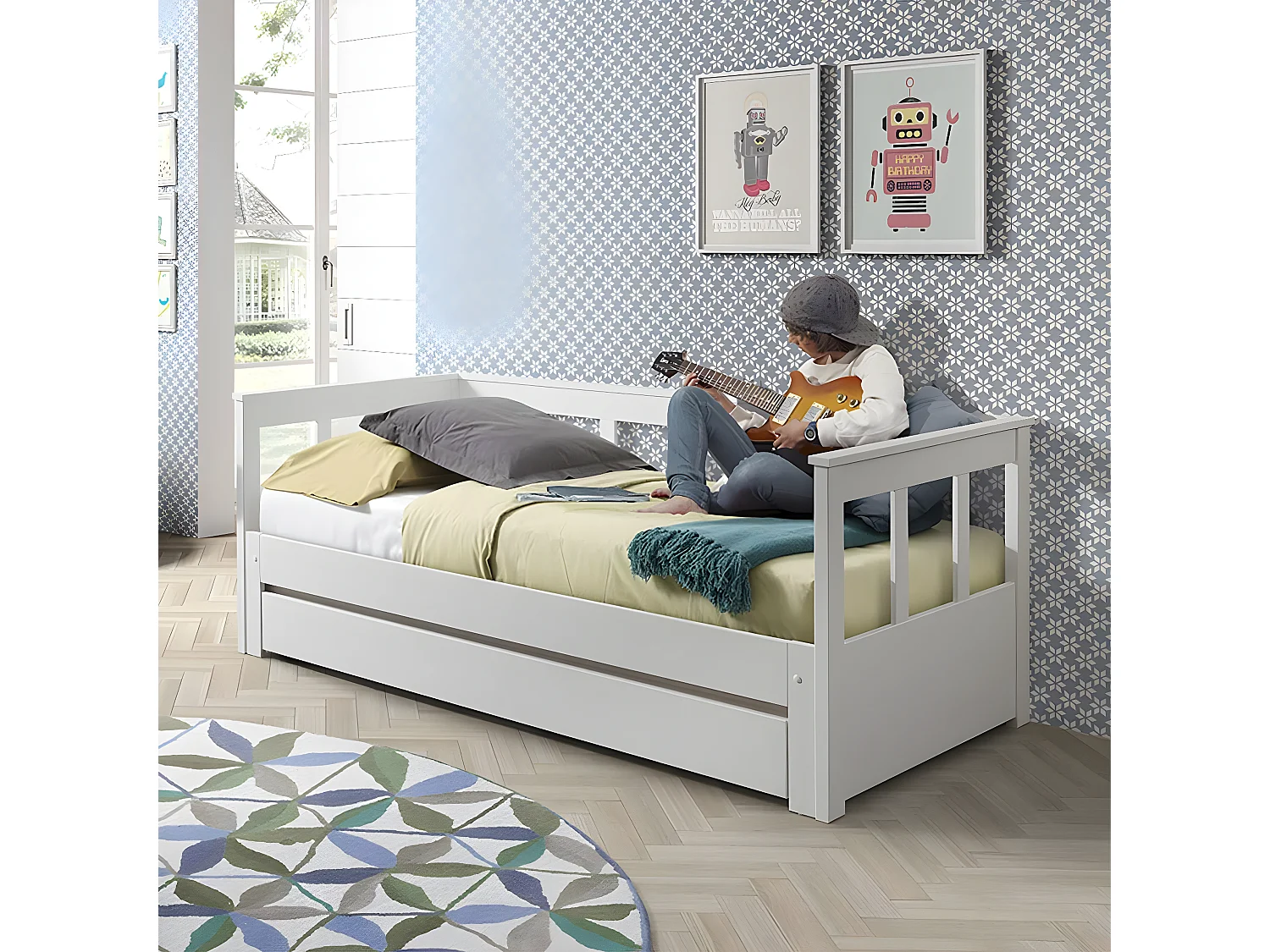 SLEEPY - Lit Extensible 90x200cm en Pin Laqué Blanc avec Tiroir