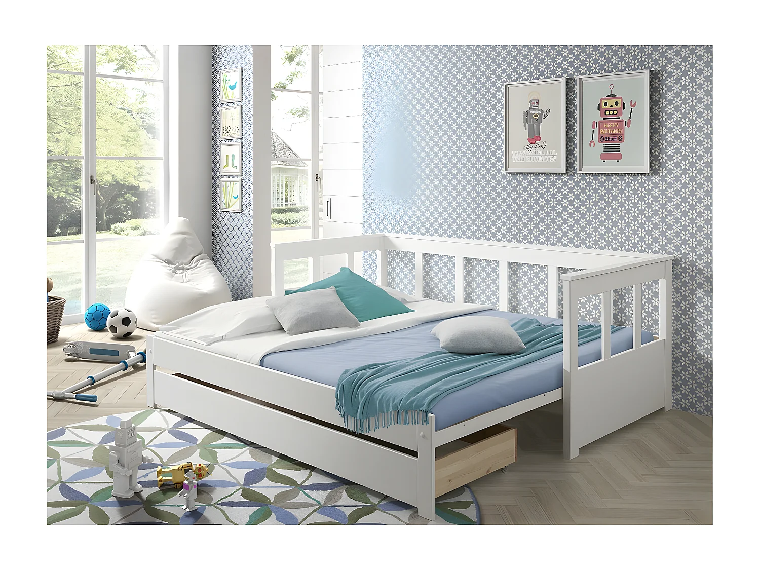 SLEEPY - Lit Extensible 90x200cm en Pin Laqué Blanc avec Tiroir