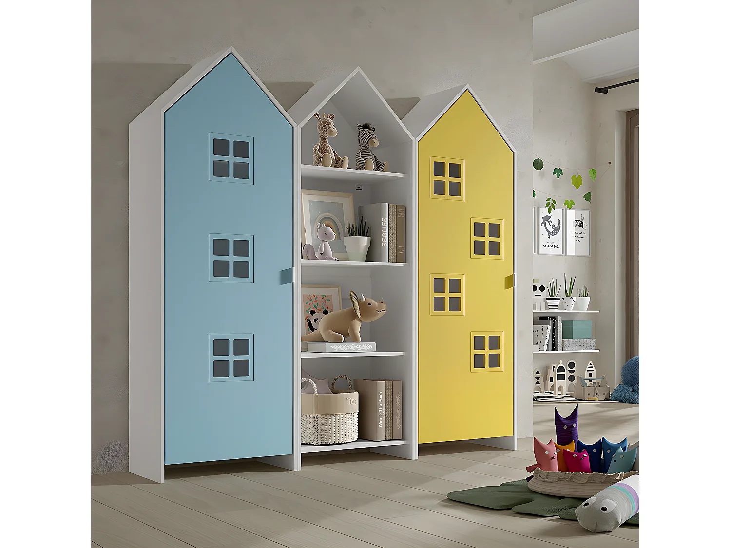 BEAUVILLE - Pack Bibliothèque + 2 Armoires Cabane Portes Jaune et Bleue