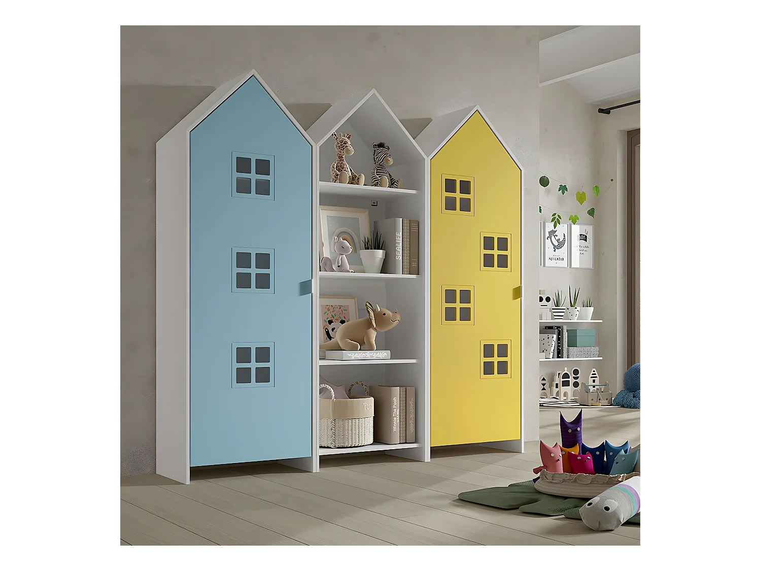 BEAUVILLE - Pack Bibliothèque + 2 Armoires Cabane Portes Jaune et Bleue