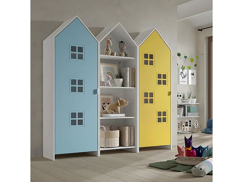 BEAUVILLE - Pack Bibliothèque + 2 Armoires Cabane Portes Jaune et Bleue