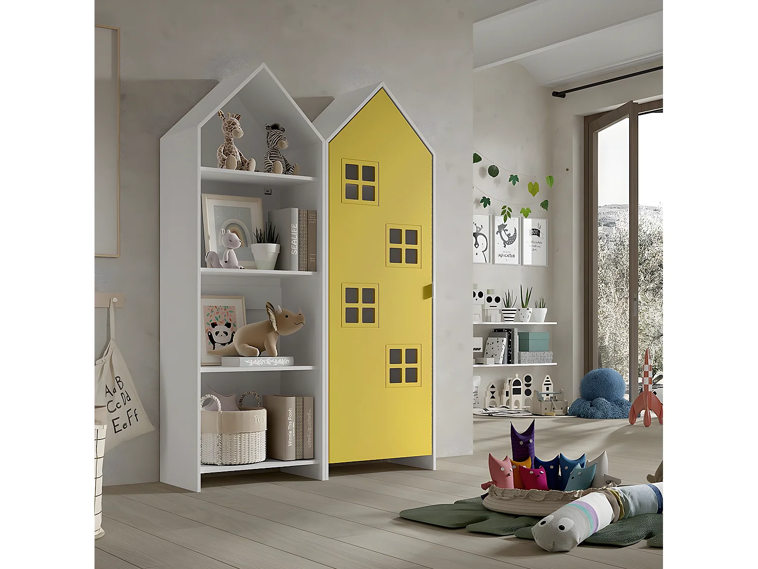 BEAUVILLE - Pack Bibliothèque + Armoire Cabane 1 Porte Jaune