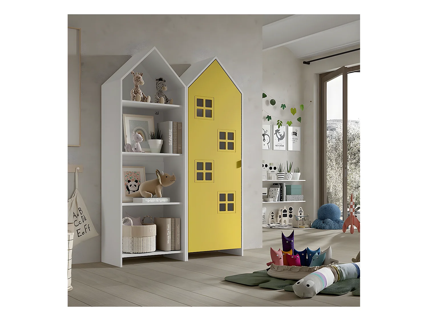 BEAUVILLE - Pack Bibliothèque + Armoire Cabane 1 Porte Jaune