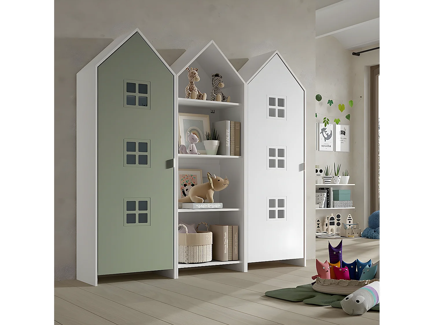 BEAUVILLE - Pack Bibliothèque + 2 Armoires Cabane Portes Blanche et Verte