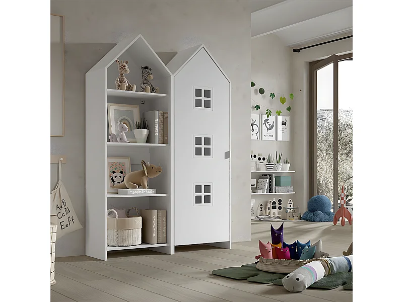 BEAUVILLE - Pack Bibliothèque + Armoire Cabane 1 Porte Blanche