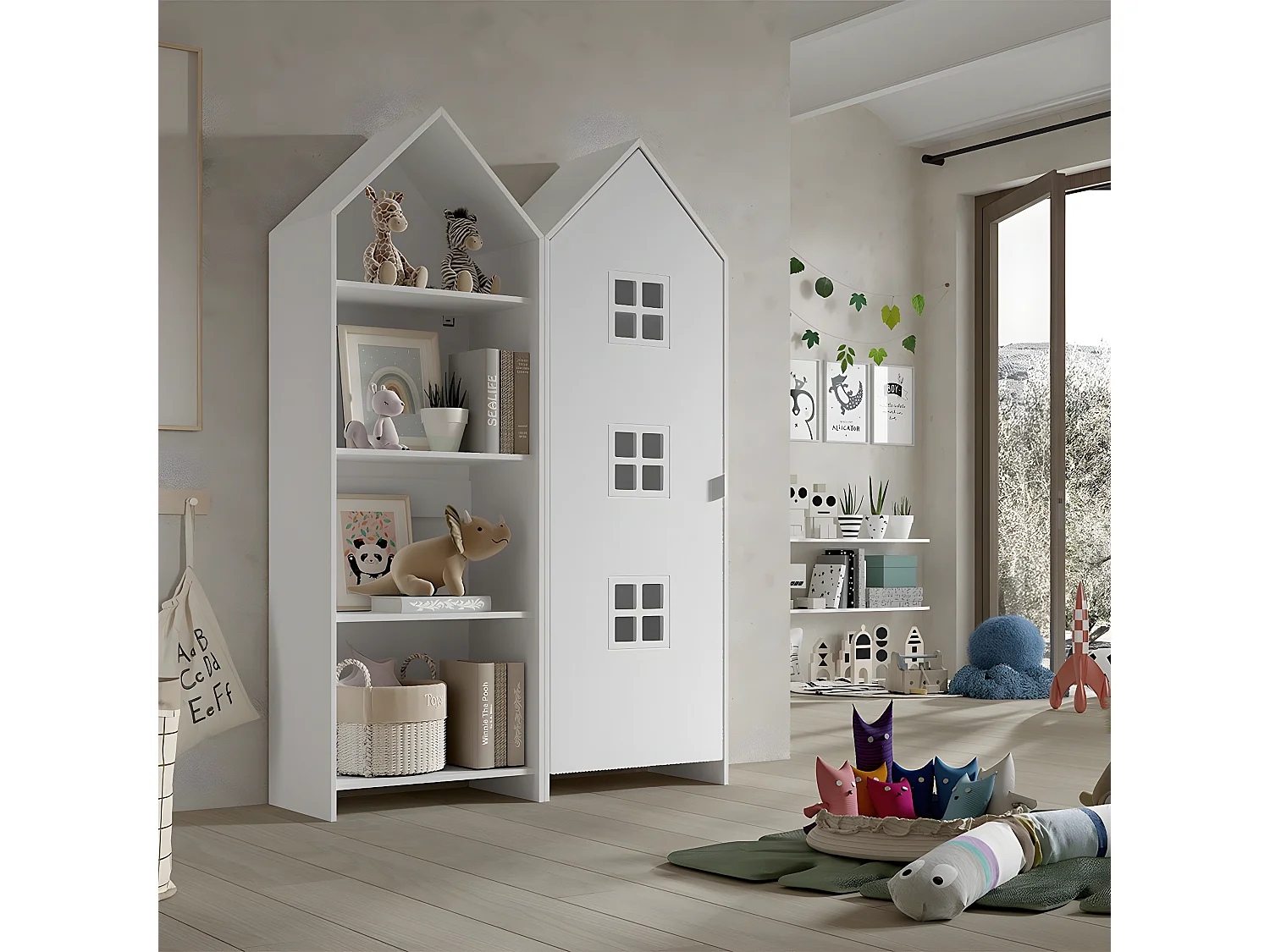 BEAUVILLE - Pack Bibliothèque + Armoire Cabane 1 Porte Blanche