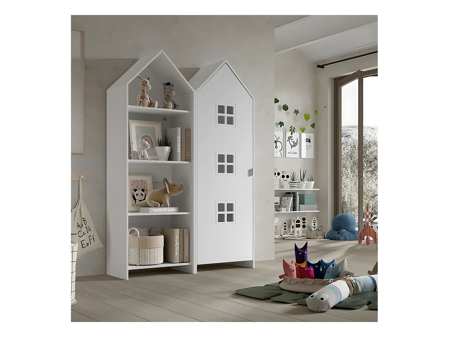 BEAUVILLE - Pack Bibliothèque + Armoire Cabane 1 Porte Blanche