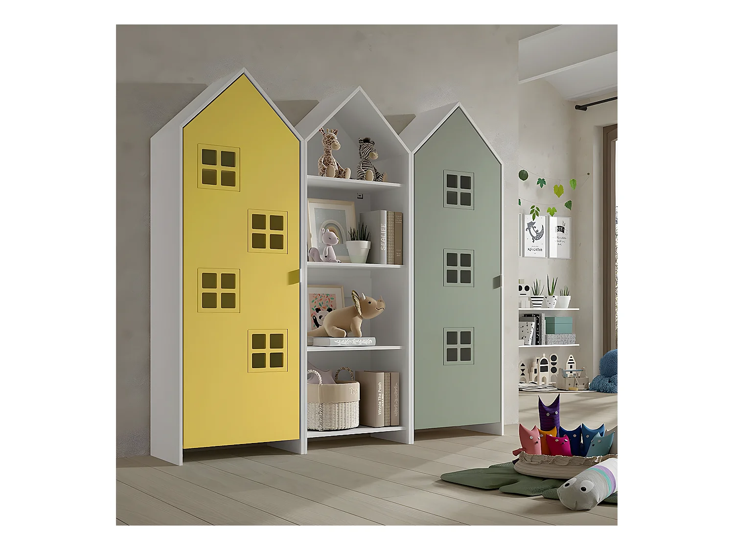 BEAUVILLE - Pack Bibliothèque + 2 Armoires Cabane Portes Verte et Jaune