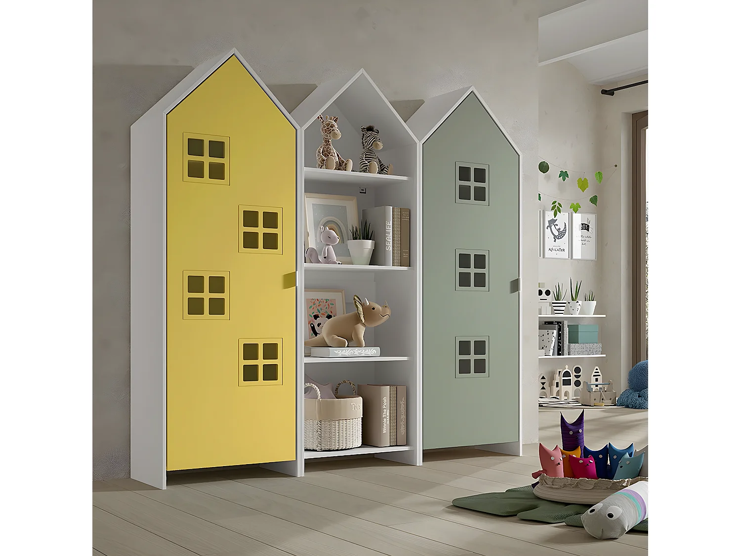 BEAUVILLE - Pack Bibliothèque + 2 Armoires Cabane Portes Verte et Jaune