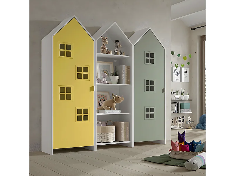 BEAUVILLE - Pack Bibliothèque + 2 Armoires Cabane Portes Verte et Jaune