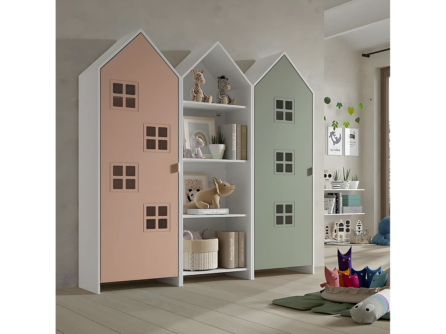 BEAUVILLE - Pack Bibliothèque + 2 Armoires Cabane Portes Verte et Rose