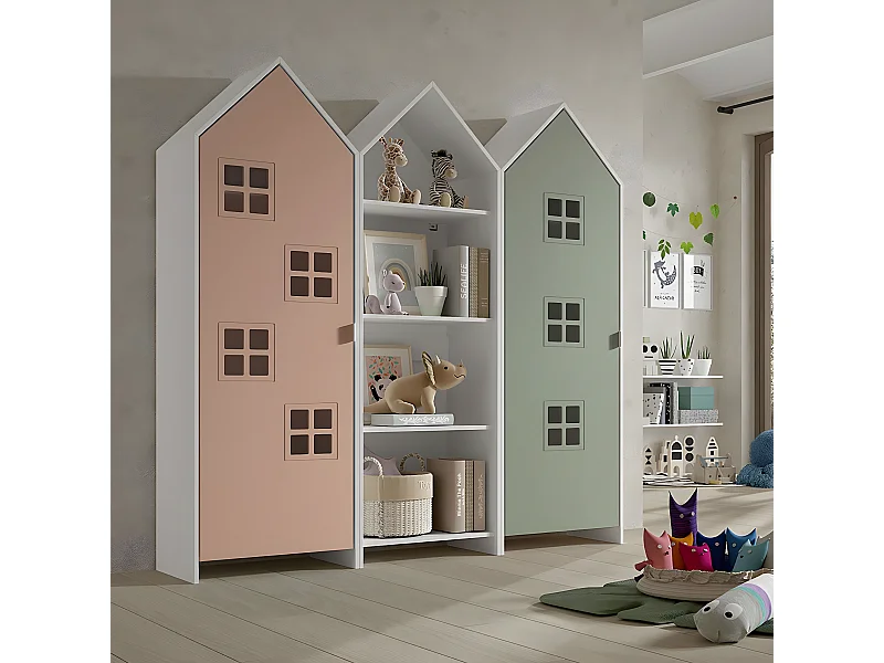 BEAUVILLE - Pack Bibliothèque + 2 Armoires Cabane Portes Verte et Rose