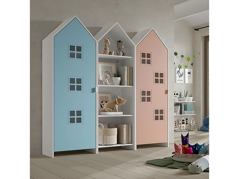 BEAUVILLE - Pack Bibliothèque + 2 Armoires Cabane Portes Rose et Bleue