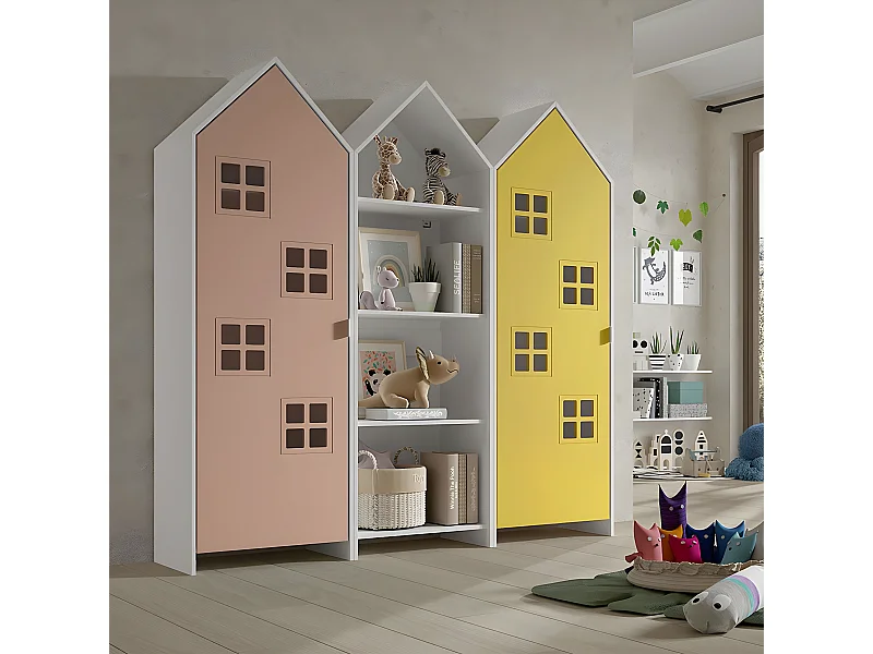 BEAUVILLE - Pack Bibliothèque + 2 Armoires Cabane Portes Jaune et Rose