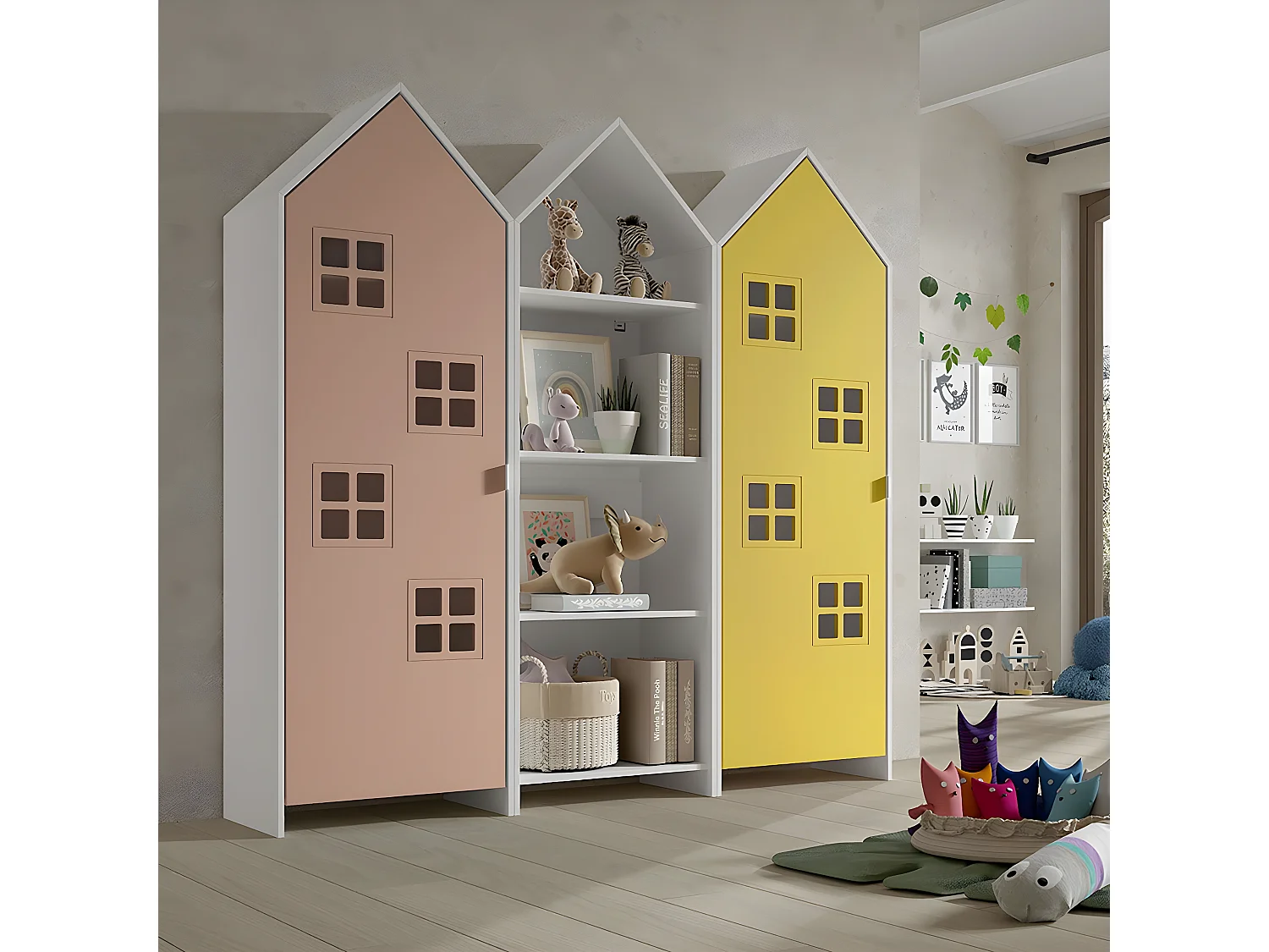 BEAUVILLE - Pack Bibliothèque + 2 Armoires Cabane Portes Jaune et Rose