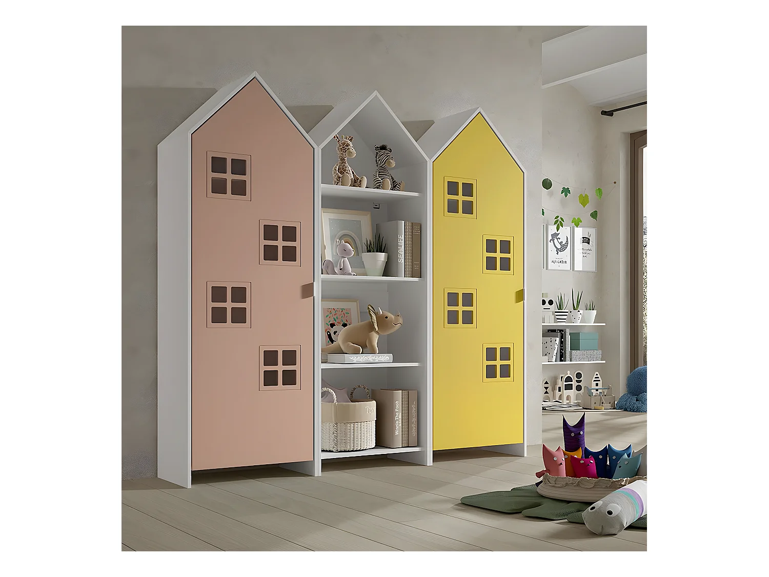 BEAUVILLE - Pack Bibliothèque + 2 Armoires Cabane Portes Jaune et Rose