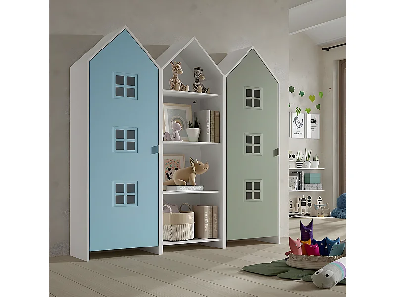 BEAUVILLE - Pack Bibliothèque + 2 Armoires Cabane Portes Verte et Bleue