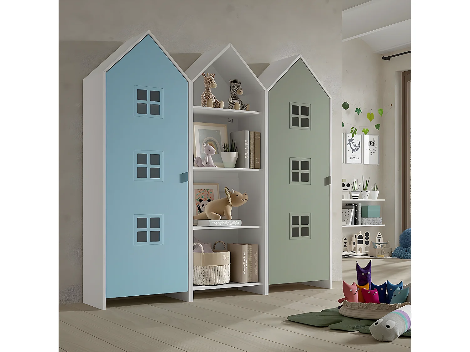 BEAUVILLE - Pack Bibliothèque + 2 Armoires Cabane Portes Verte et Bleue