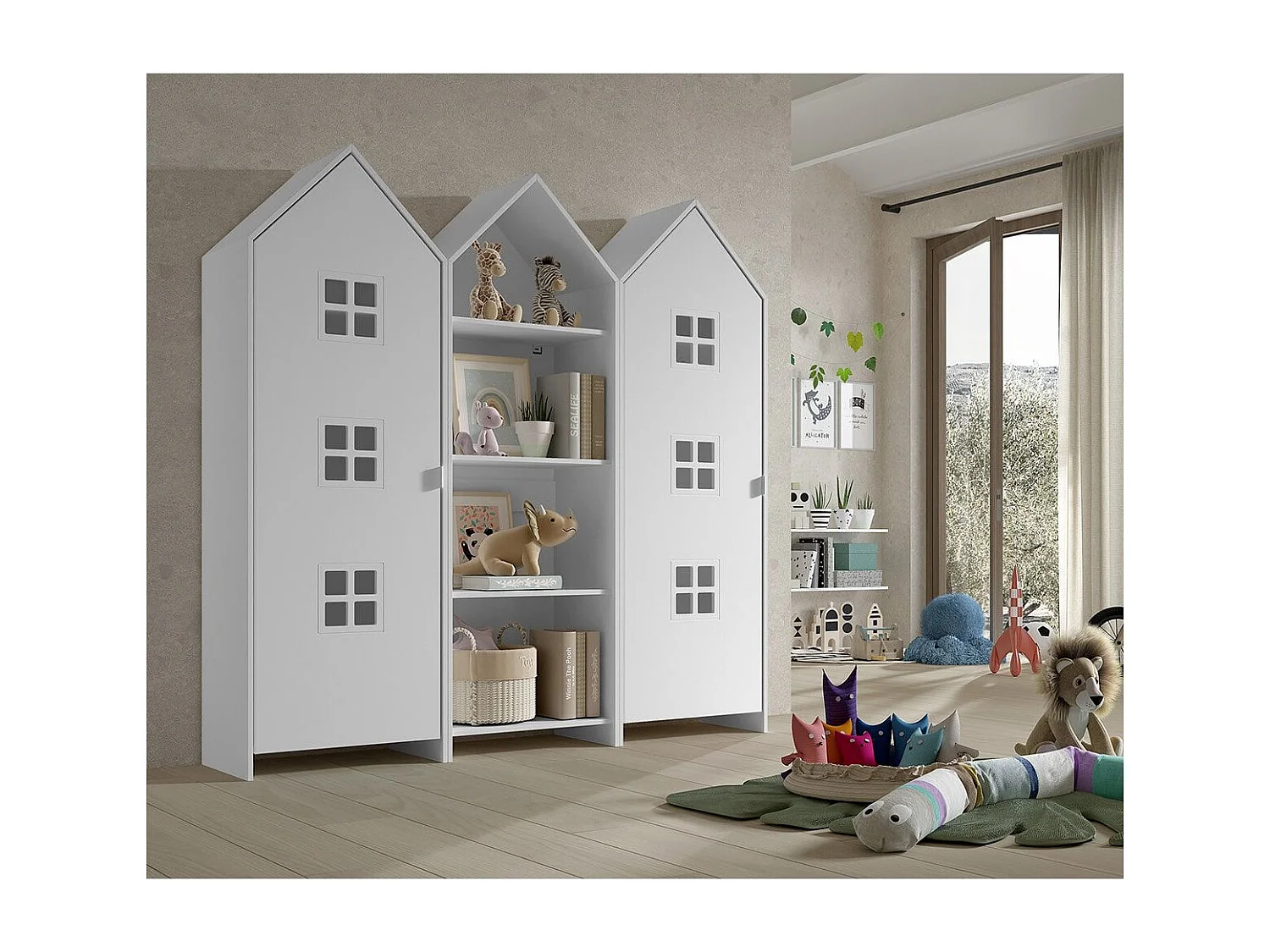 BEAUVILLE - Pack Bibliothèque + 2 Armoires Cabane Portes Blanches