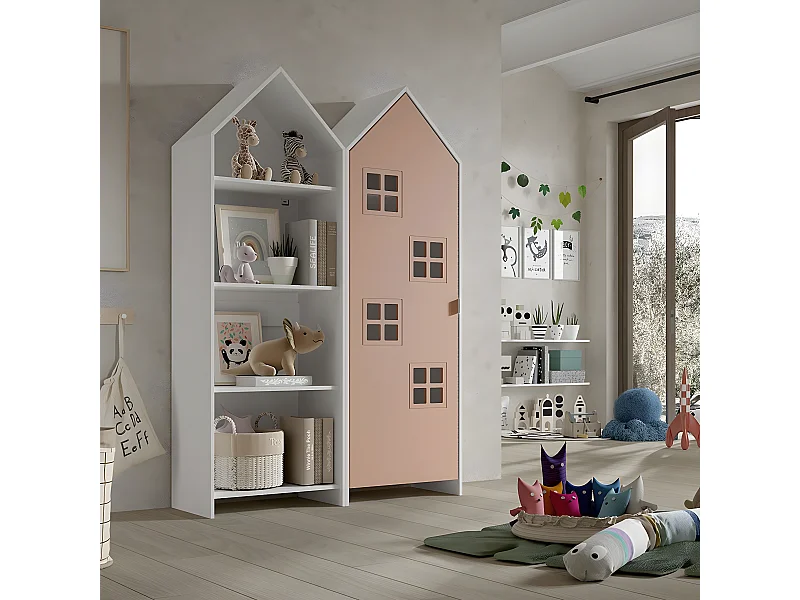 BEAUVILLE - Pack Bibliothèque + Armoire Cabane 1 Porte Rose