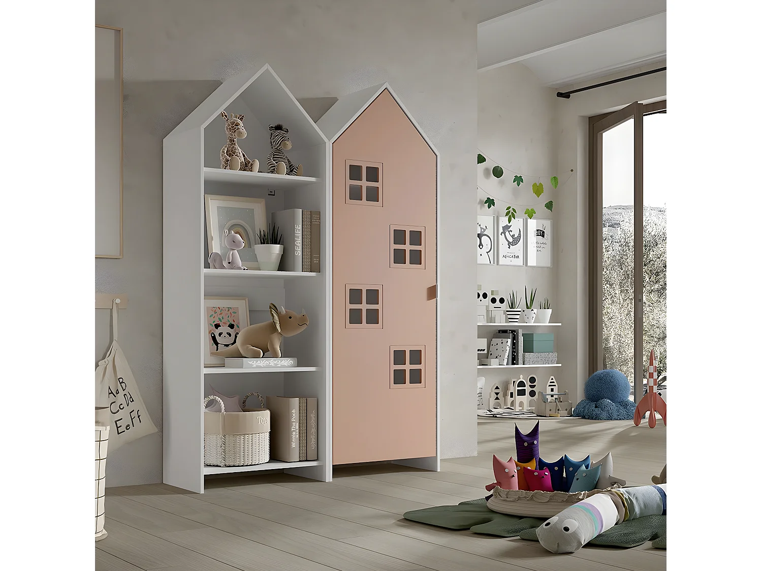 BEAUVILLE - Pack Bibliothèque + Armoire Cabane 1 Porte Rose