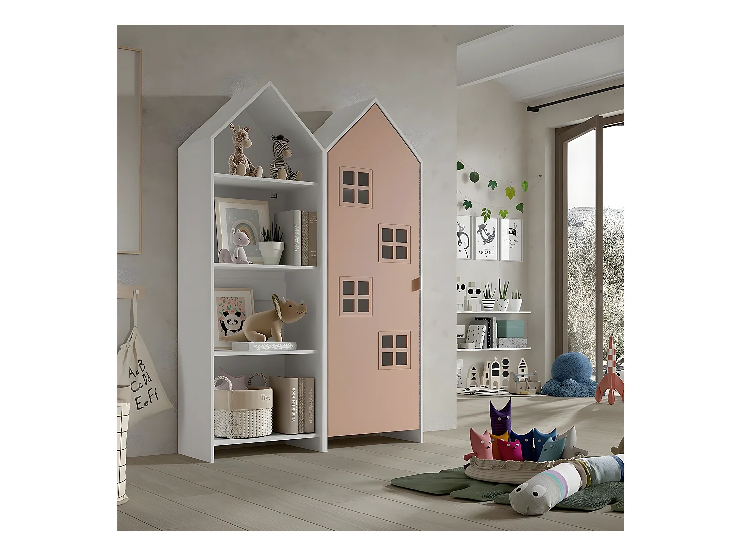 BEAUVILLE - Pack Bibliothèque + Armoire Cabane 1 Porte Rose