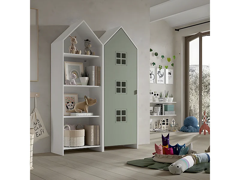 BEAUVILLE - Pack Bibliothèque + Armoire Cabane 1 Porte Verte