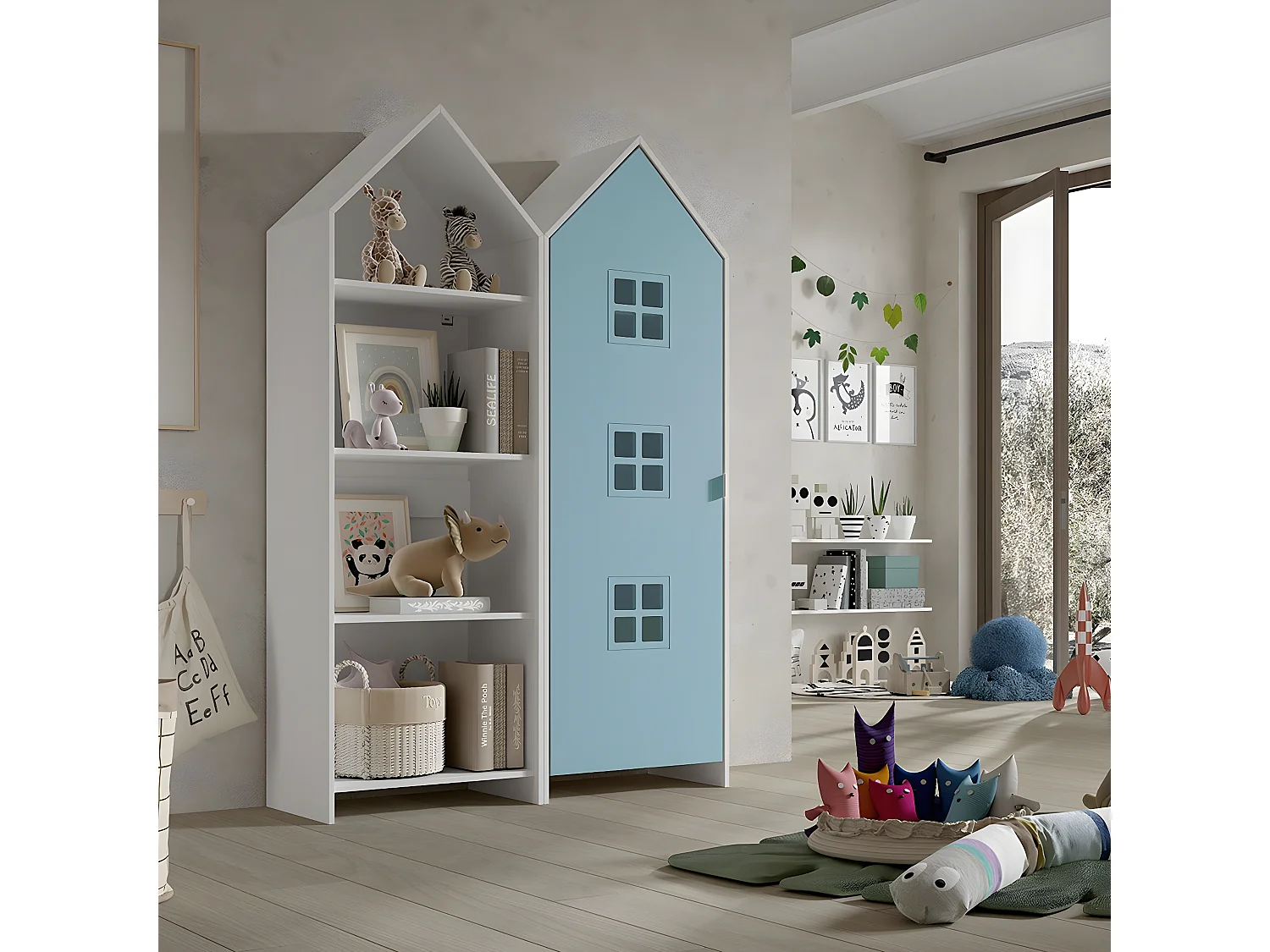 BEAUVILLE - Pack Bibliothèque + Armoire Cabane 1 Porte Bleue