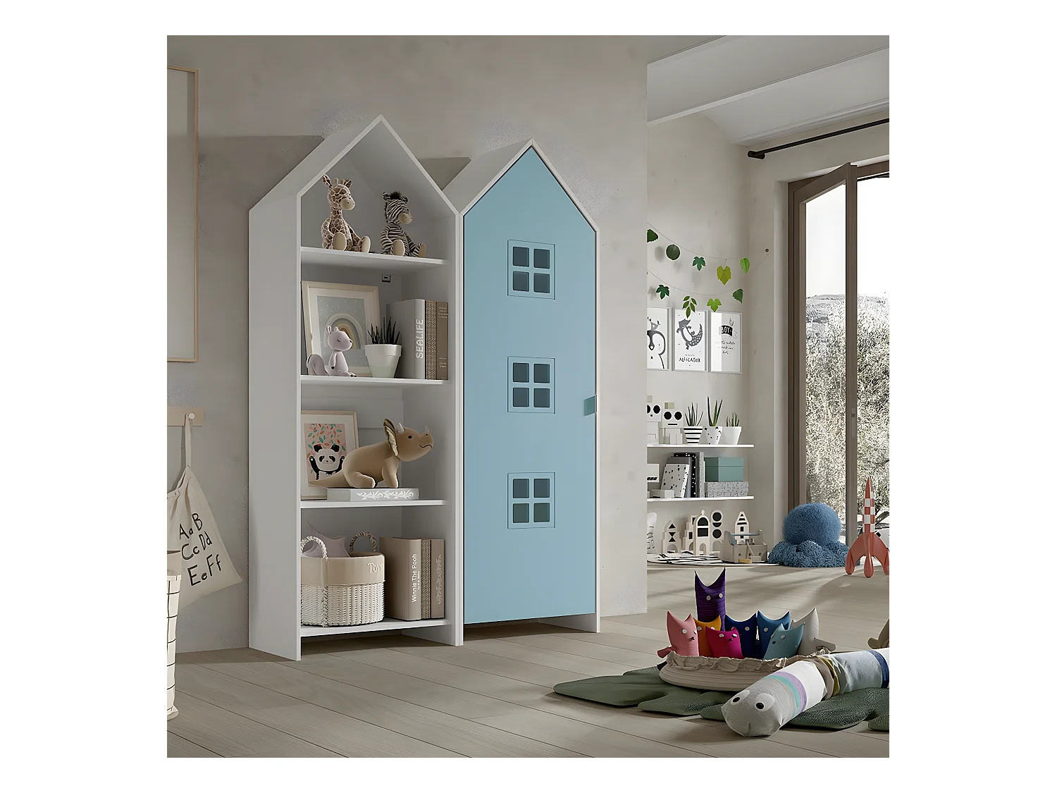 BEAUVILLE - Pack Bibliothèque + Armoire Cabane 1 Porte Bleue