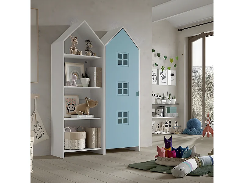 BEAUVILLE - Pack Bibliothèque + Armoire Cabane 1 Porte Bleue