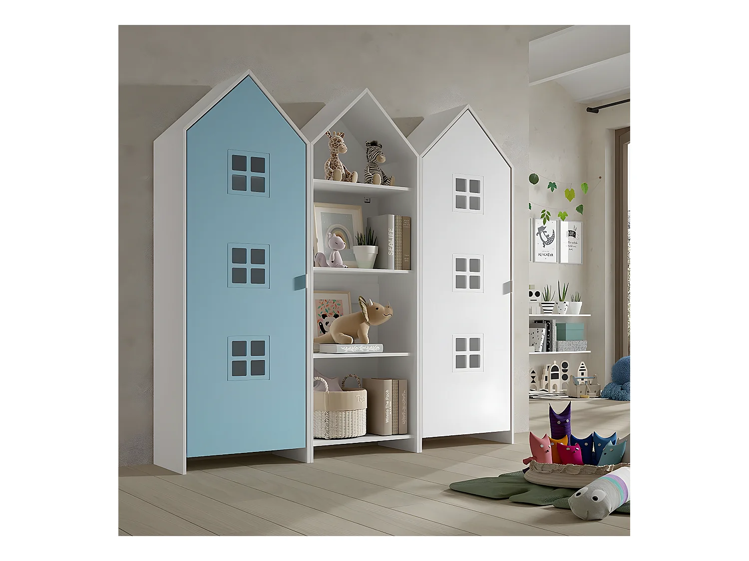 BEAUVILLE - Pack Bibliothèque + 2 Armoires Cabane Portes Blanche et Bleue