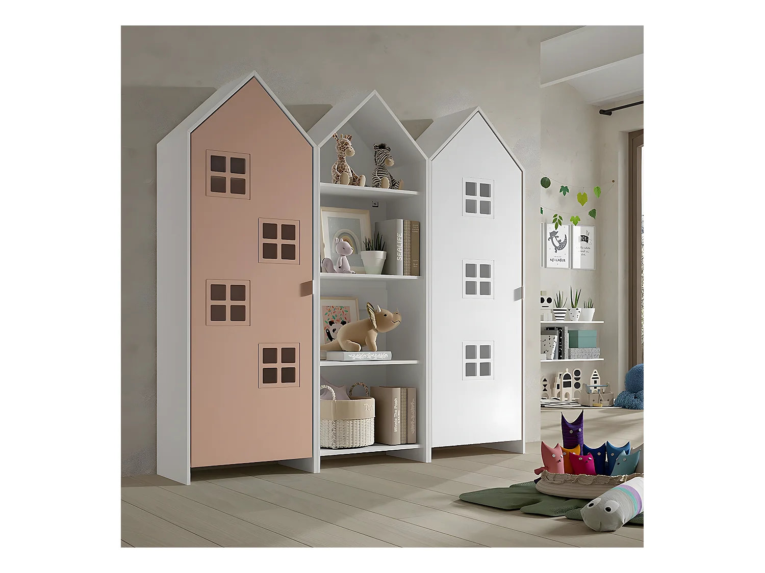 BEAUVILLE - Pack Bibliothèque + 2 Armoires Cabane Portes Blanche et Rose
