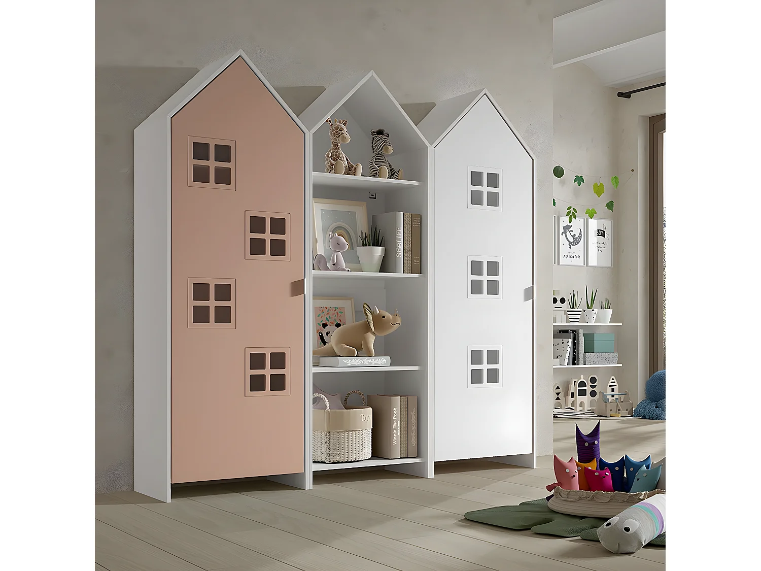 BEAUVILLE - Pack Bibliothèque + 2 Armoires Cabane Portes Blanche et Rose