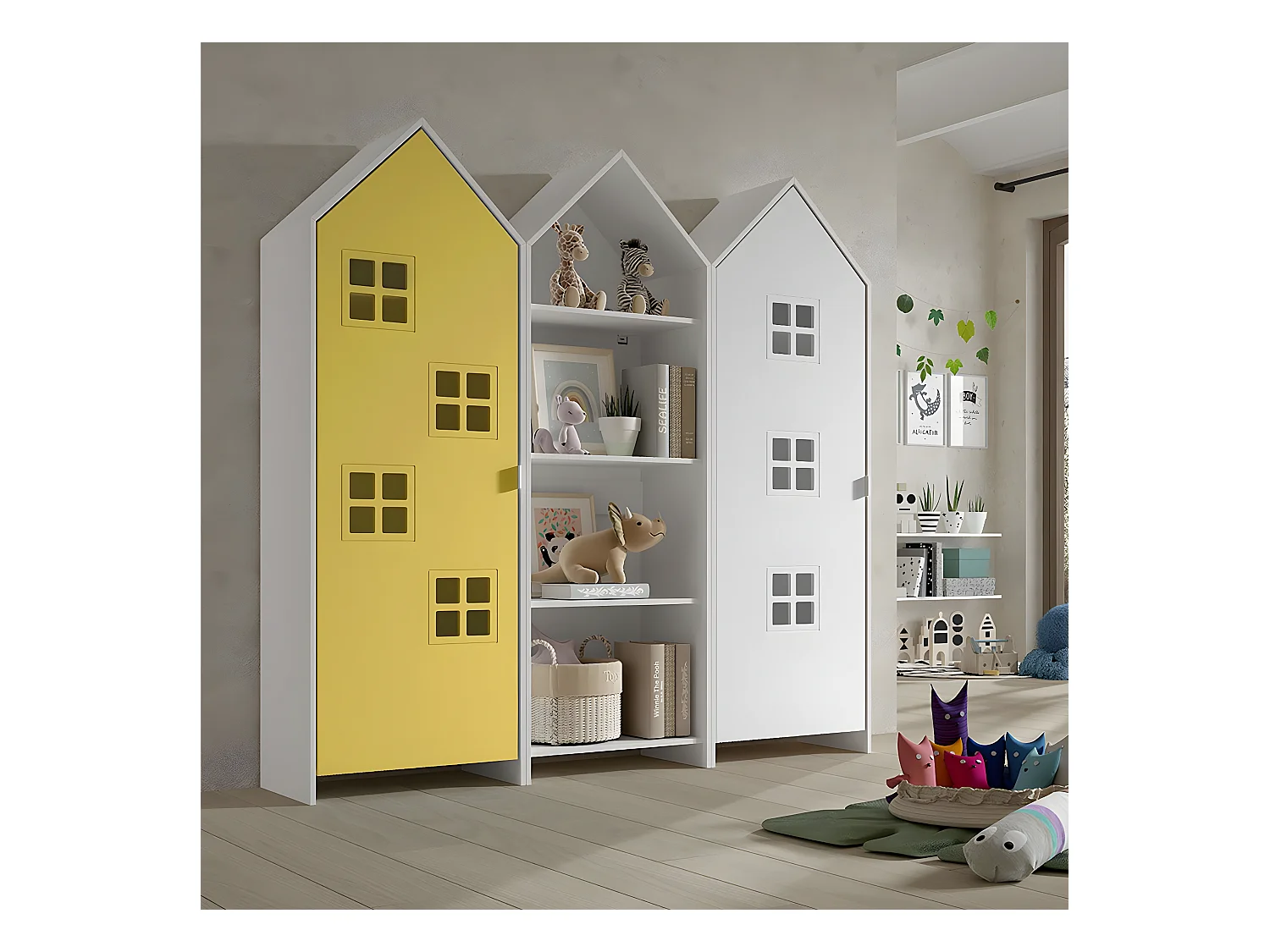 BEAUVILLE - Pack Bibliothèque + 2 Armoires Cabane Portes Blanche et Jaune