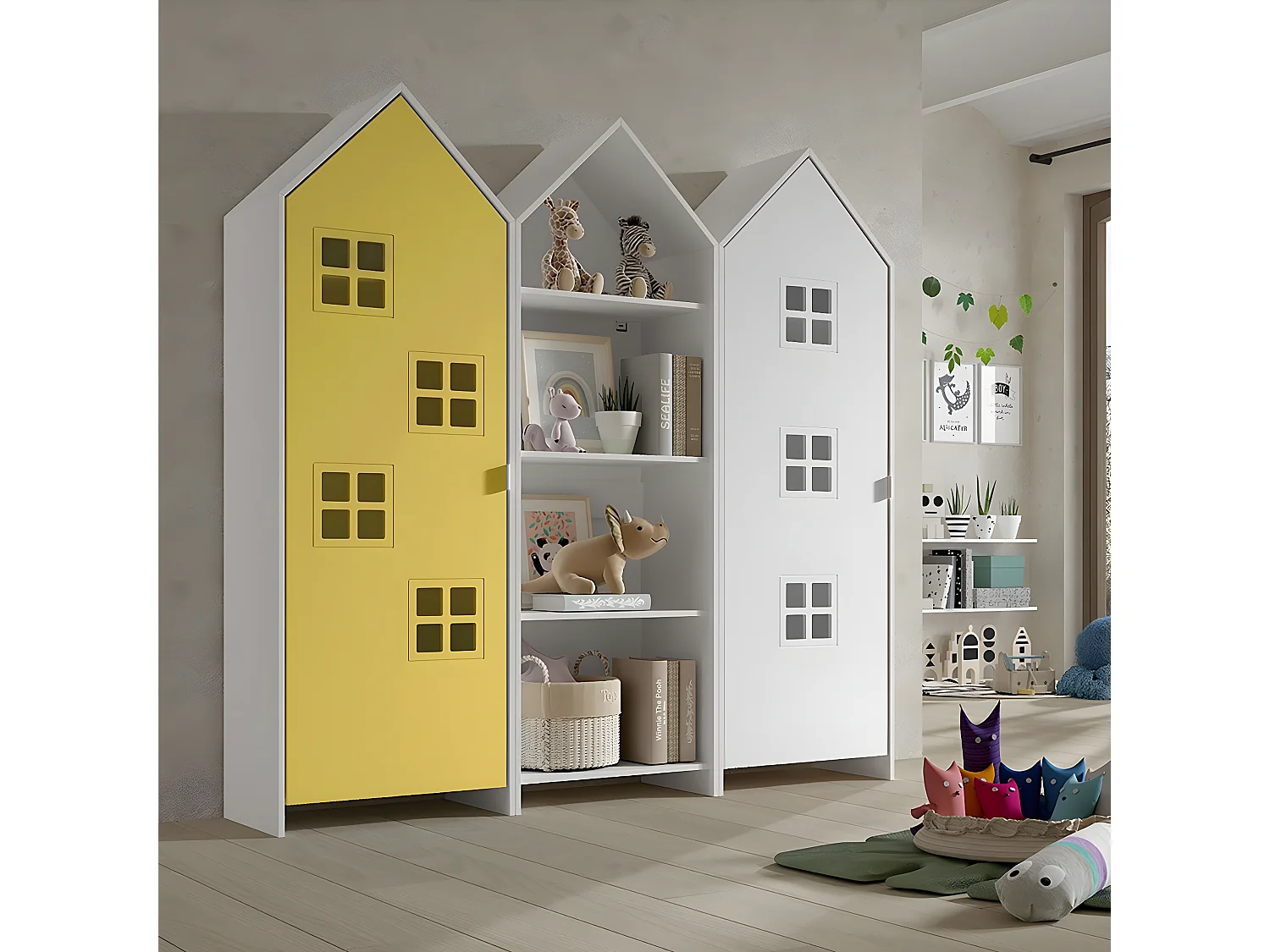 BEAUVILLE - Pack Bibliothèque + 2 Armoires Cabane Portes Blanche et Jaune