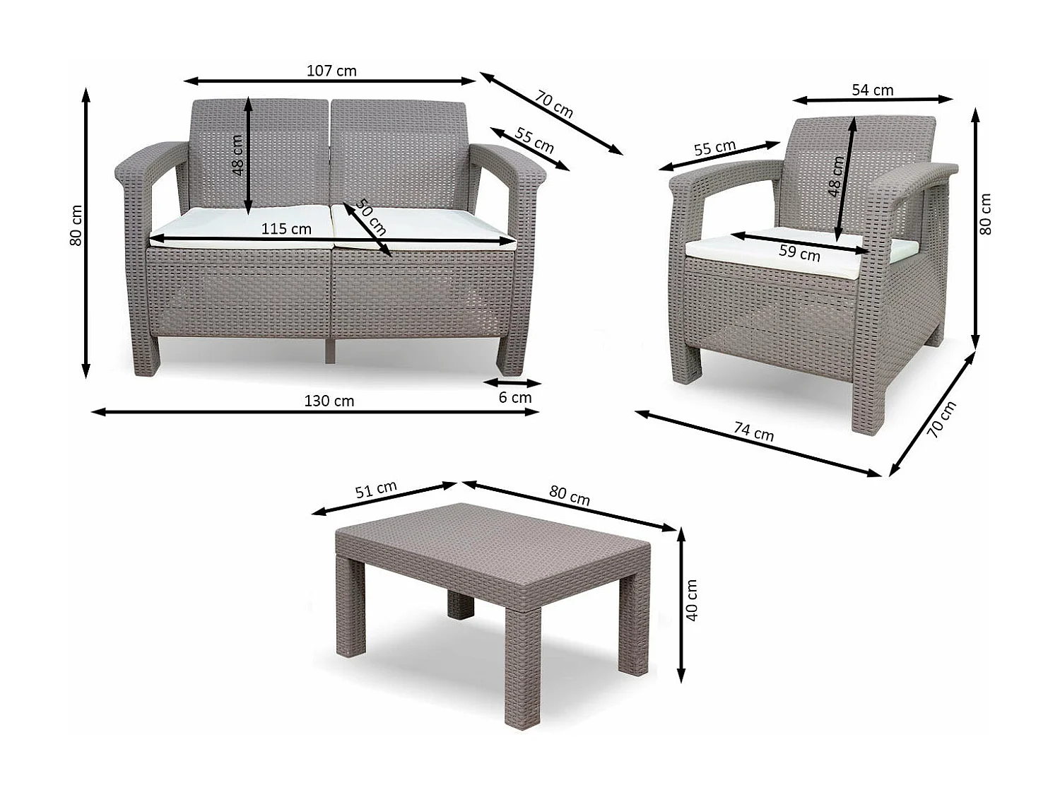 Sofá + 2 Sillones + Mesa de Centro CF. Muebles de Jardin y Terraza Ratan PE, Marron