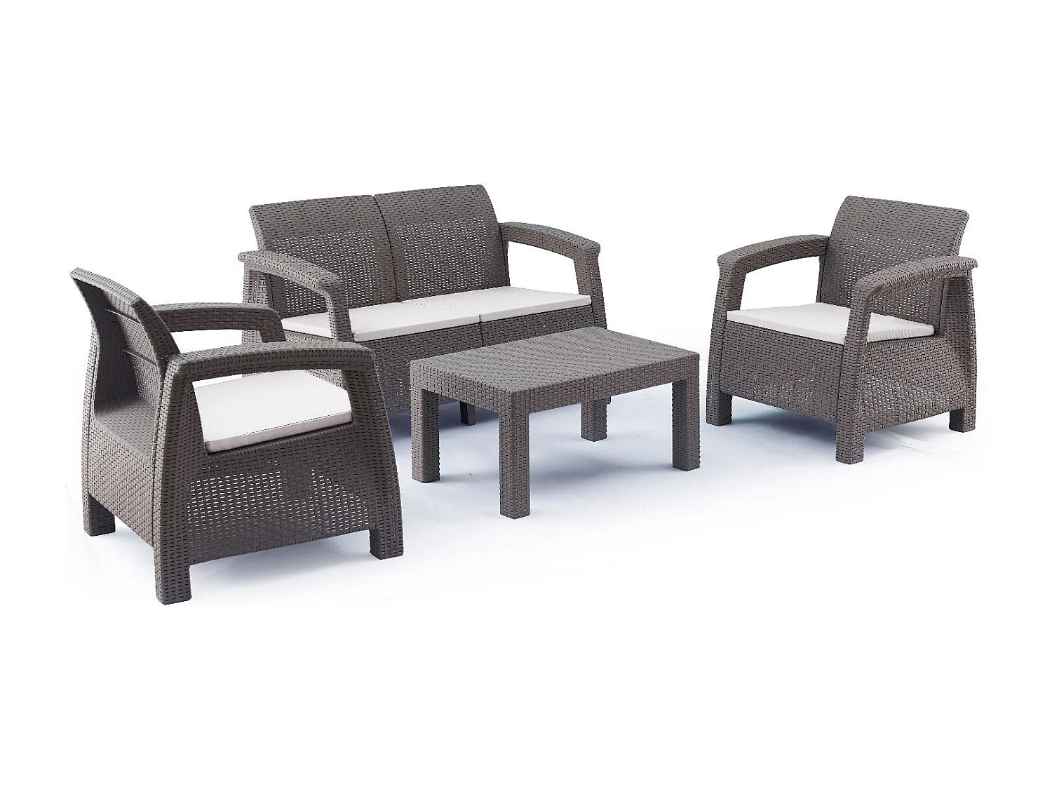 Sofá + 2 Sillones + Mesa de Centro CF. Muebles de Jardin y Terraza Ratan PE, Marron