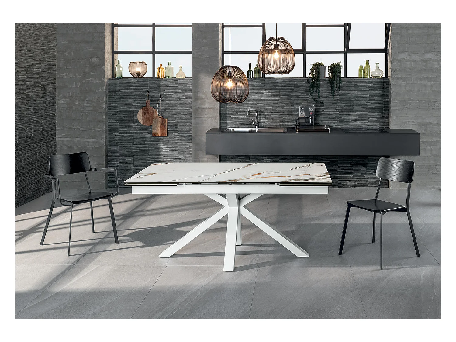 Mesa extensible de 160cm a 240cm moderna encimera de cerámica sobre cristal templado mármol Calacatta Borghini