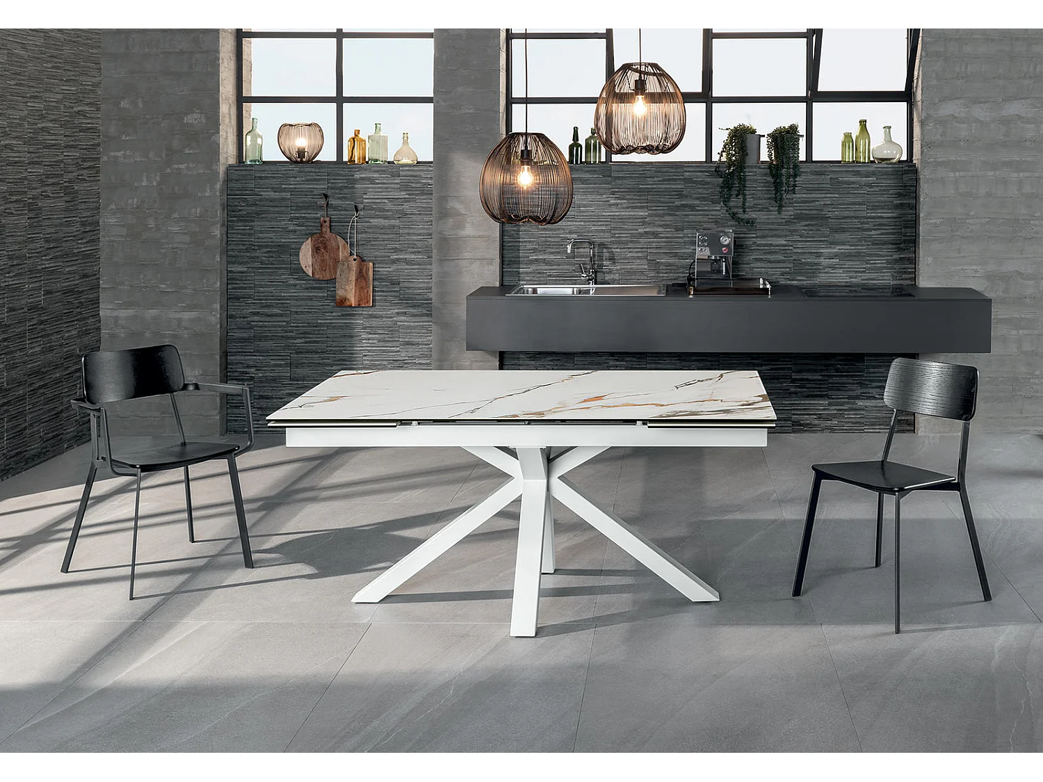 Table extensible de 160cm à 240cm plateau moderne en céramique sur verre trempé marbre Calacatta Borghini