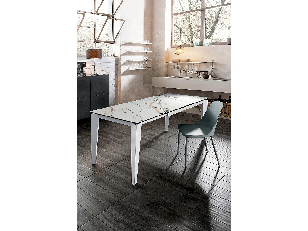 Ausziehbarer Tisch von 120 cm bis 170 cm, moderne Keramikplatte auf gehärtetem Glas aus Calacatta-Marmor Borghini